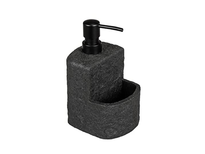 WENKO Zwarte afwasmiddeldispenser Festival Stone, navulbare zeepdispenser in steenlook van hoogwaardig kunsthars voor in de keuken, extra vak voor de afwasspons, inhoud 380 ml, 10,5 × 18 × 11 cm