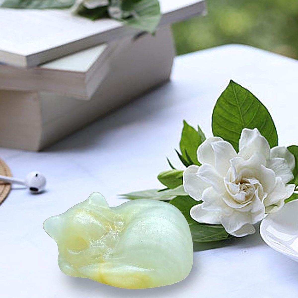 Handgesneden kristallen slaapkat decoratie - Groen - Hoogte: 6 cm