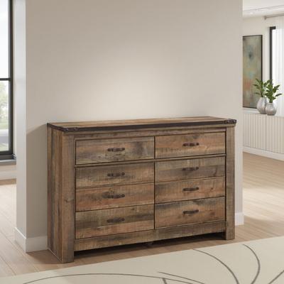 Benjara Zoey Wide Dresser, 6 Wide Storage Drawers, Rustic Brown Plank Details