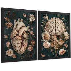 POSTER Set aus 2 Anatomie Mensch Drucke und Wandbilder mit Herz und Gehirn Elegante Florale Illustration Grüner Hintergrund Größe Schwarzer Rahmen A4