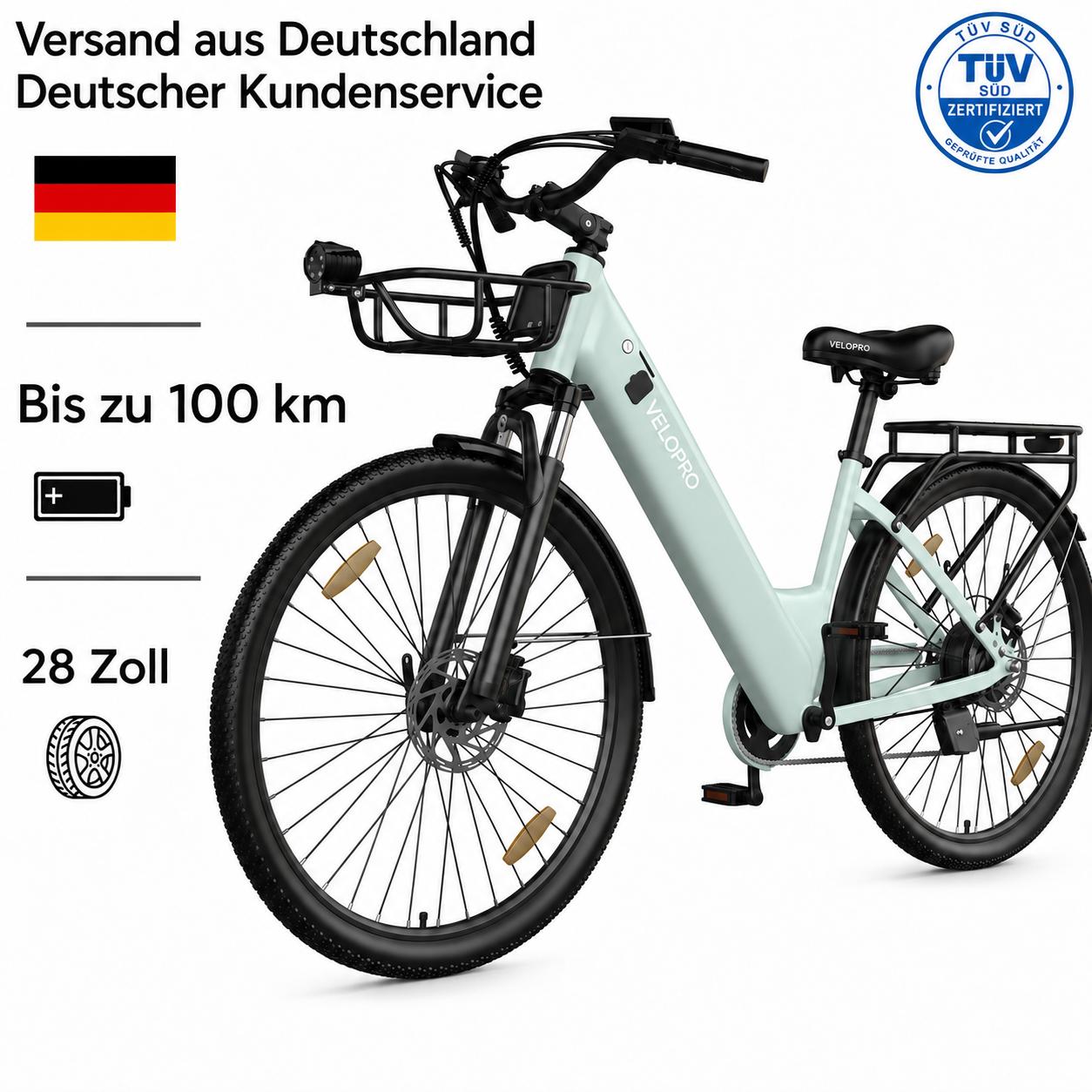 VELOPRO C1Pro Pedelec 28 Zoll E-Bike, 36V 18Ah Akku(80-100km), Shimano 7 Gang
