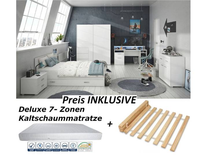möbel-direkt.de Jugendzimmer-Set Gamingzimmer Tezaur Snow in Weiß mit Tiefziehfronten, (Komplett Set, 8-tlg., in verschiedenen Varianten wählbar), RGB- LED- Beleuchtung, ABS- Kanten, Bett mit Bettschubkasten