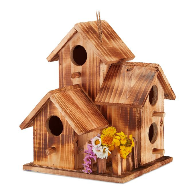 Relaxdays Vogelhuis met 3 huisjes, Hout, Bruin, H x B x D: 34 x 20 x 19 cm
