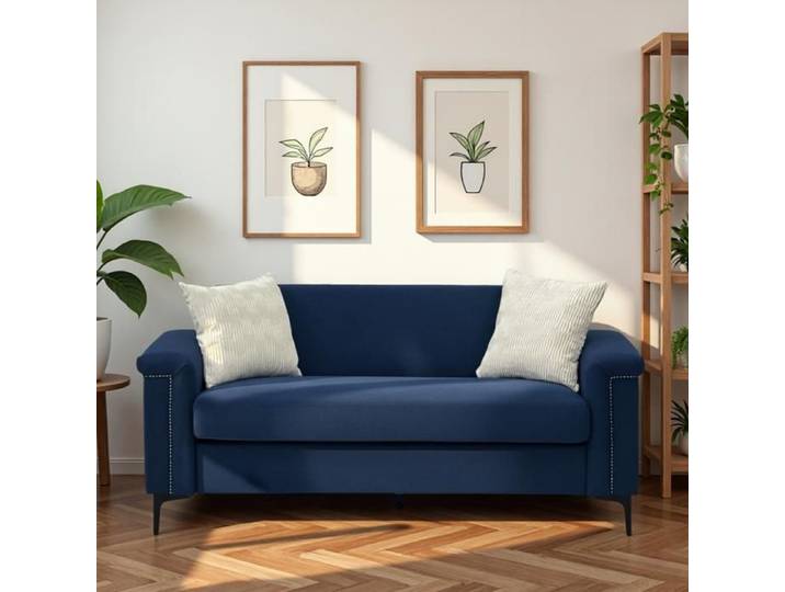 Canapé 2 places compact en lin bleu ambiance nordique pieds en fer solides parfait pour salon cosy