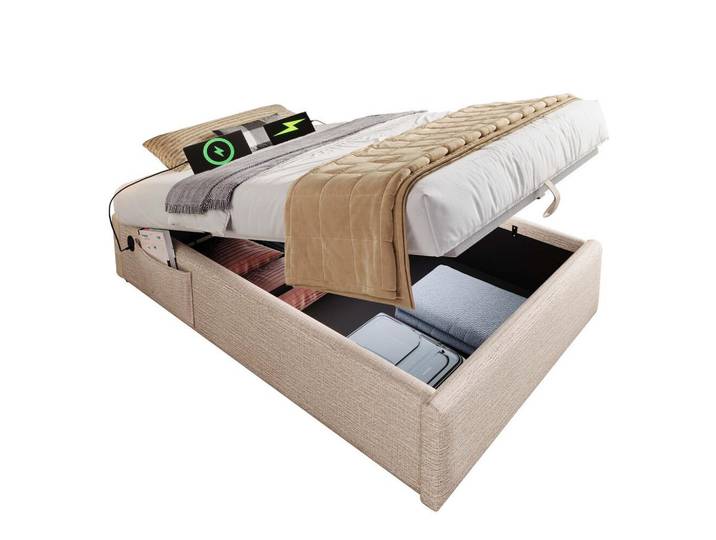 Flieks Polsterbett 90x190cm Einzelbett Stauraum Usb-C & Lattenrost Natur, Beige, Holz, 90x190 cm, Schlafzimmer, Betten, Polsterbetten
