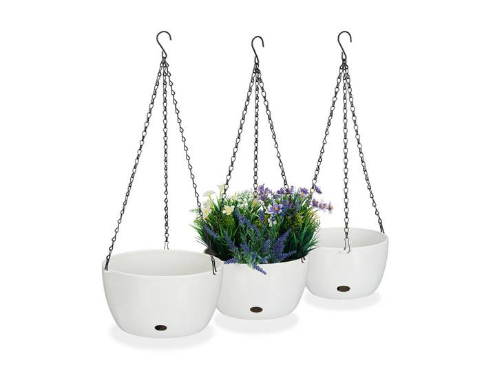 Relaxdays Blumenampel Weiß Schwarz 3er-Set Wasserspeicher, Kunststoff, Metall, 67 cm, Dekoration, Blumen & Blumentöpfe, Übertöpfe