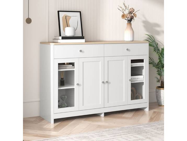 Buffet bahut - URBANLUXE - 120x37x80 cm - 4 portes - 2 tiroirs - Blanc aspect bois