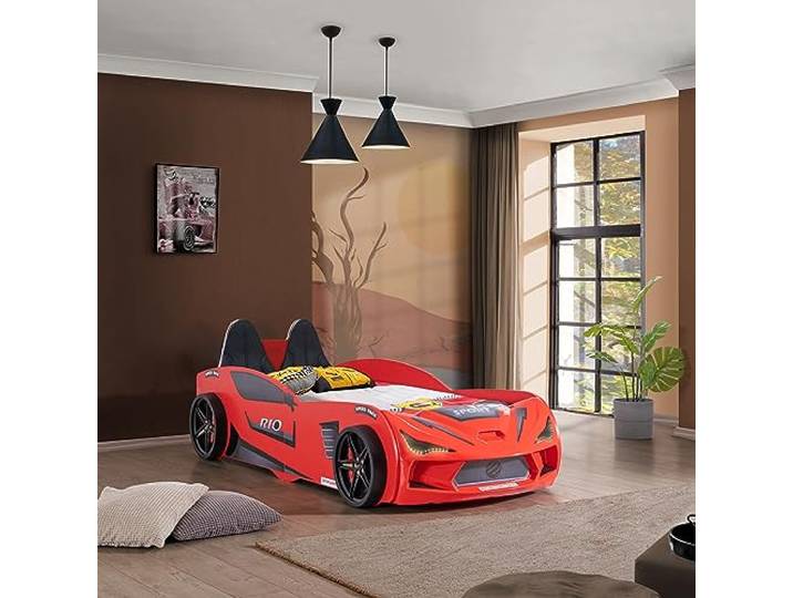 Aileenstore Autobett Kinder Kinderbett Rio 90x200 inkl. Lattenrost LED-Leuchte Spoiler (ohne Matratze, Rot inkl. Sportsitze)