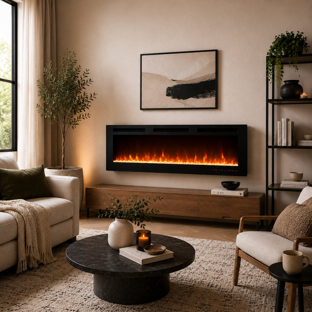 FLAMEKO Winslow Wall Mounted/Media Wall/Free Standing Fireplace With Realistic Flame Effect Heater 9 Colour Flame Effect Satin Black 43.2cm H x 152.4cm W x 10.6cm D