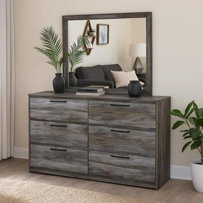 Benjara Bays 62 Inch Dresser, 6 Drawers, Modern Farmhouse Laminate Smoky Gray