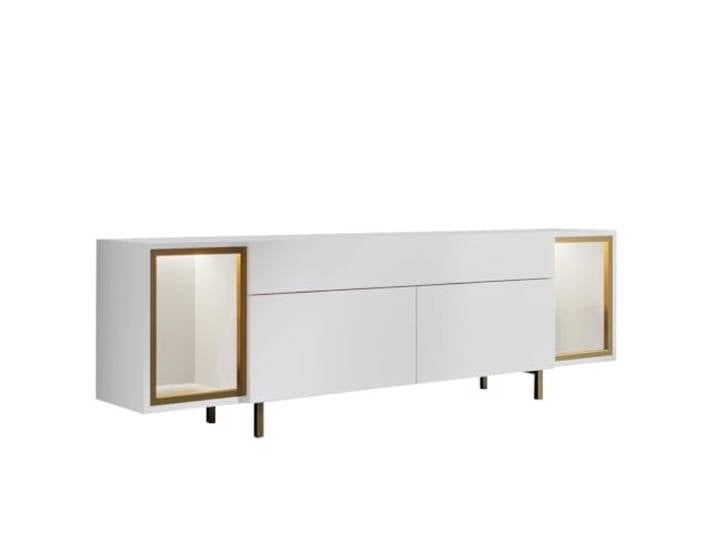 Hanah Home Moderner TV-Ständer mit Fernbedienung, Weiß & Gold, 180 cm 100% melaminbeschichtet, Metallbeine, Wandmontage möglich, stilvolles und funktionales Design