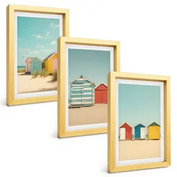 BILDER SET 3er Set - 20x30 cm Goldrahmen - Bunte Häuser, Strand, Sonne