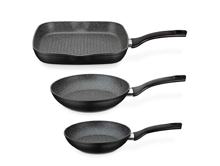 GSW Lot de 3 poêles Gourmet Granit - Set de poêles haut de gamme composé de 2 poêles et 1 poêle grill compatible induction - revêtement antiadhésif - aluminium