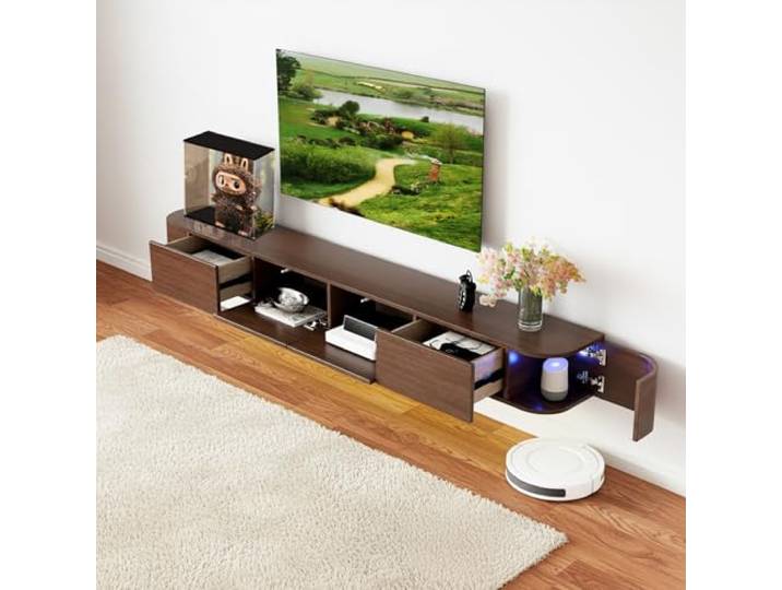 NOYHHAV Massivholz-Schwebender TV Schrank Wandmontierter Fernsehschrank-200CM Walnuss-LED-Leuchten