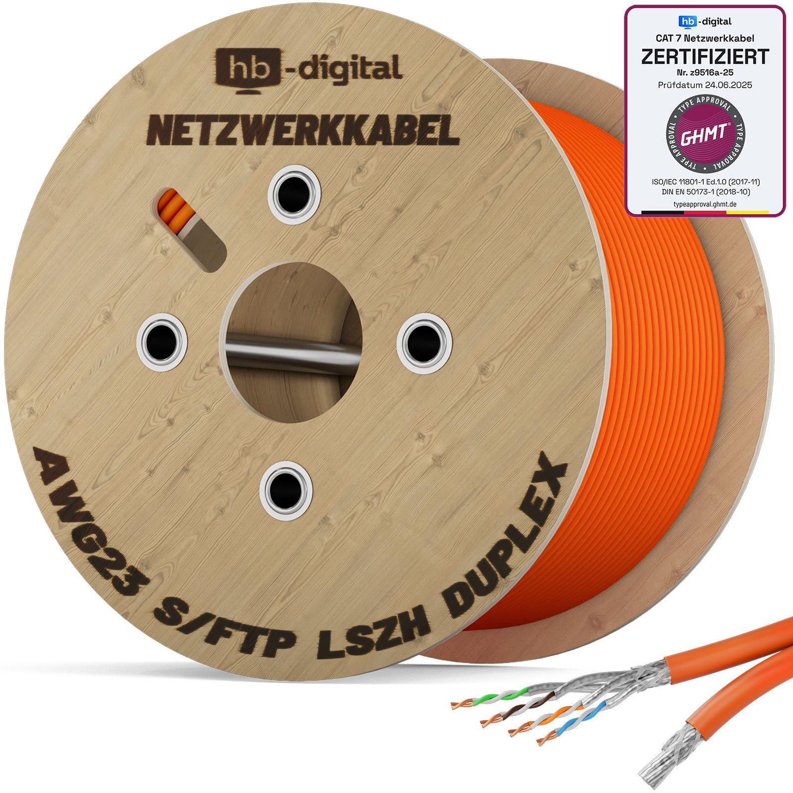 hb-digital Verlegekabel Netzwerk CAT 7 duplex Installationskabel 250m S/FTP AWG23 LSZH orange