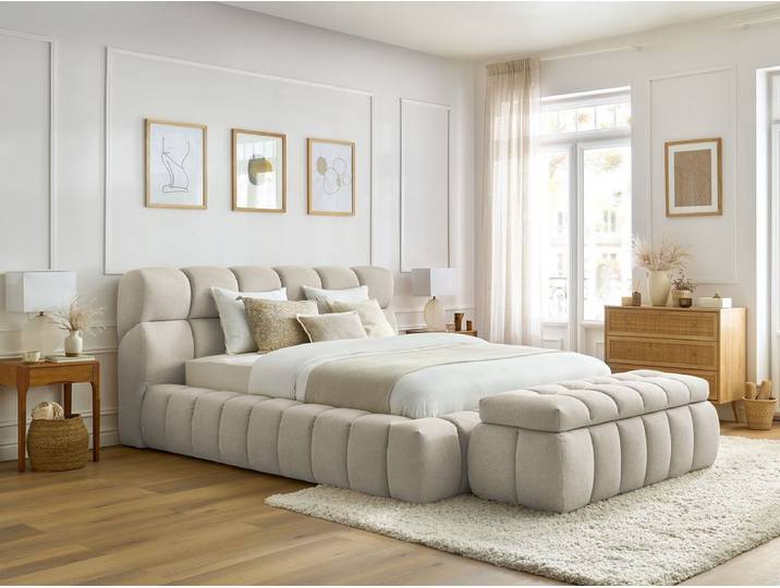 Lit coffre MONT-BLANC + Bout de lit MONT-BLANC tissu chiné 160x200 + bout de lit 140