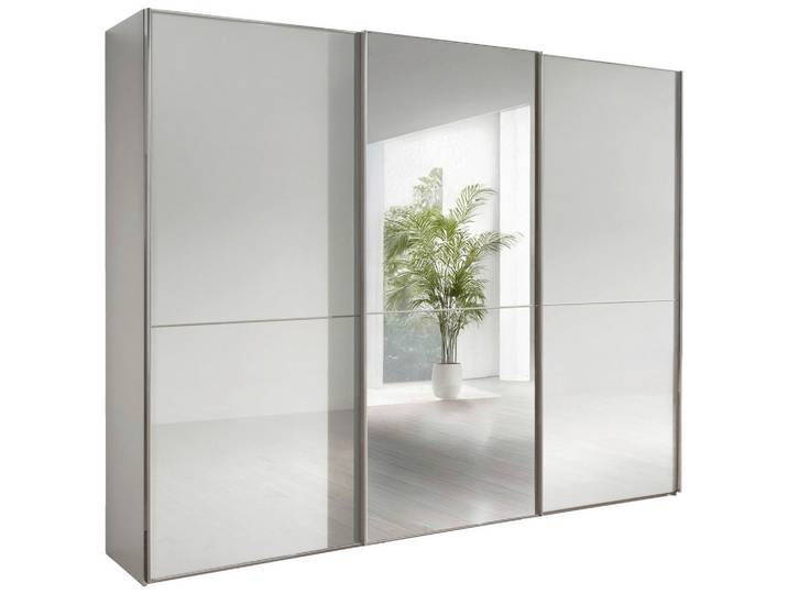 Chameo Schwebetürenschrank, Weiß, Glas, 9 Fächer, 225x217x67 cm, Schrankfront mit Spiegel, Schlafzimmer, Kleiderschränke, Kleiderschränke mit Spiegel