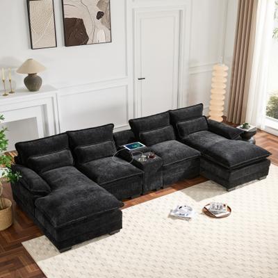 Loedds Black 123-Inch 6-Seat Chenille U-Shaped Sectional Sofa with USB Charging & Cup Holders
