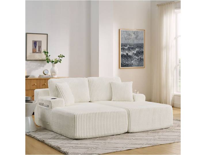 ROVRYN Canape convertible 2 places beige en tissu cotele avec porte-gobelet poche laterale et coussins amovibles