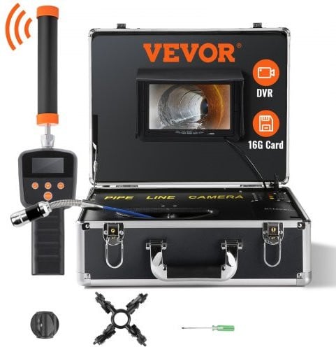 Vevor Rioolcamera met 512Hz Tracking en DVR-functie, 40m, 17,8cm Pijpinspectiecamera met 12 verstelbare LED's en 16GB SD-kaart, Zwart