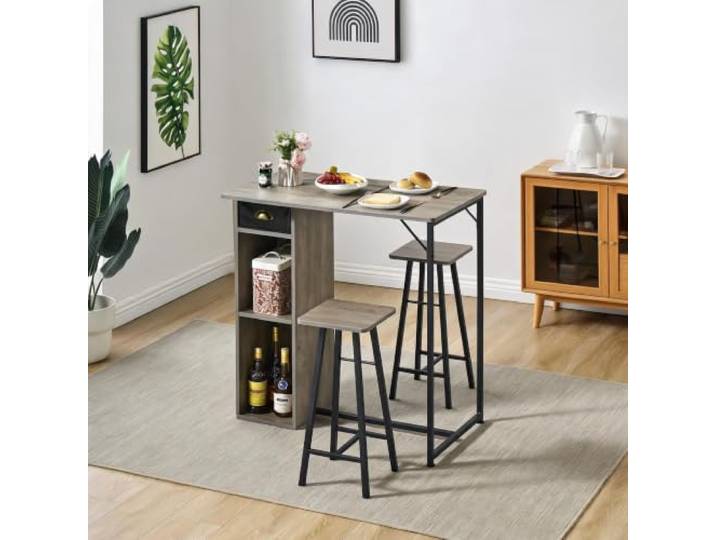 FairyLee Essgruppen-Set Für 2 Personen – Thekenhöhe Mit Ablagefächern, Inkl. 2 Barhocker, Modern