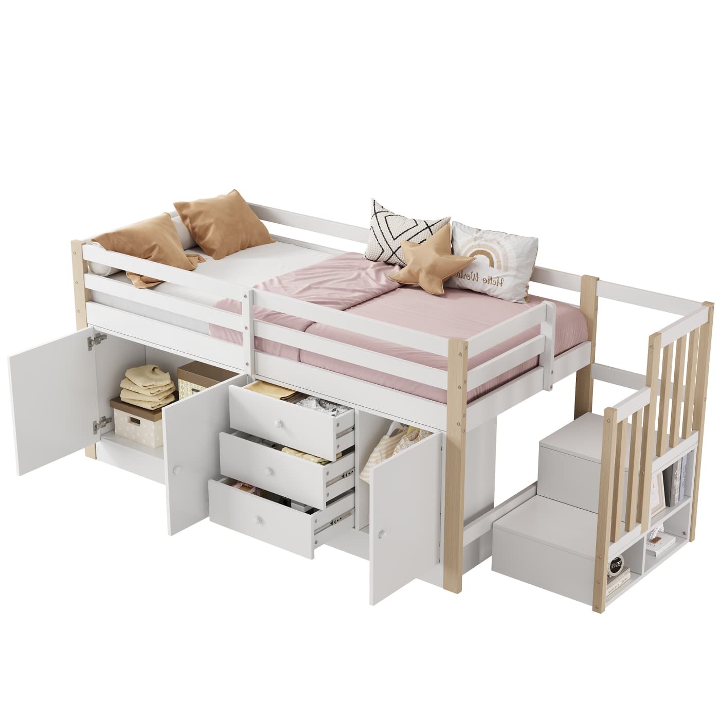 Kinderhochbett, Kinderbett, Einzelbett, Multifunktions-Kinderbett, mit Treppe, mit Schubladen, mit 2 Stauschränken und Wäschestange, ohne Matratze