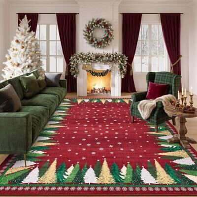 Garvee Christmas Tree Bordered Washable Area Rug