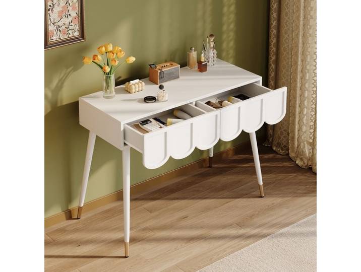 Coiffeuse Moderne Table de Maquillage Blanc avec 2 Tiroirs Pieds en Métal 100x40x76cm (Sans Miroir)