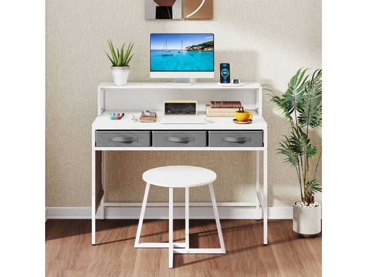 GIANTEX Bureau Gaming avec Support pour Moniteur Coiffeuse avec Tabouret Station de Charge 3 Tiroirs Poches Latérales Blanc