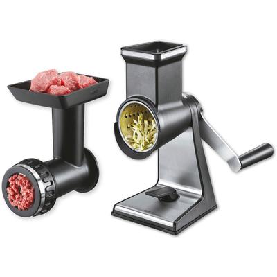 Trommelreibe GEFU "TRANSFORMA", silber, B:13,5cm L:27,5cm T:28,6cm Ø:8,2cm, Edelstahl, Kunststoff, Küchenreiben, umfangreiches Set, 20 Jahre Garantie