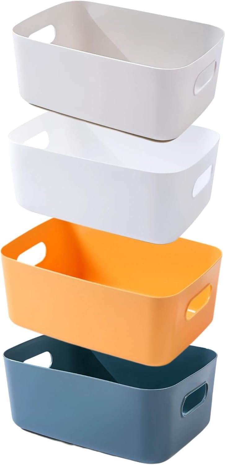 Set van 4 kleurrijke plastic opbergmanden met handvatten voor badkamer of keuken