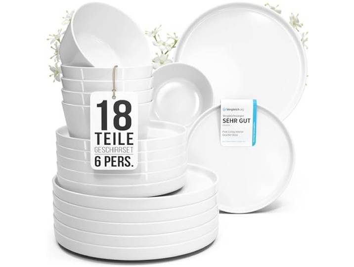 Porzellan Geschirrset 6 Personen Crystal 18 tlg. TESTSIEGER, Cooles klares Porzellan Geschirr Set, Schüssel- und Teller Set, Tafelservice 6 Personen, Geschirrsets Pure Living in weiß