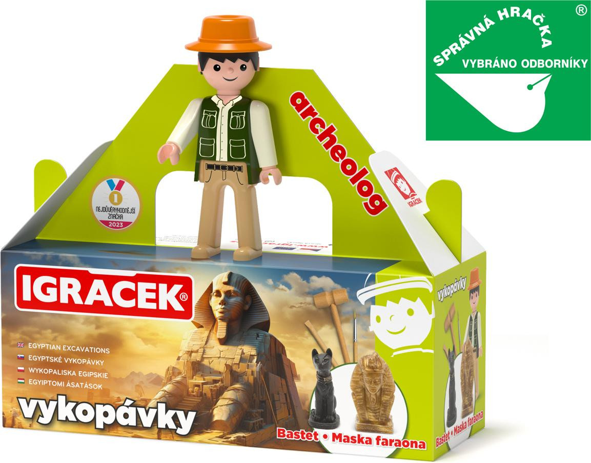 EFKO Speelgoedarcheoloog met Egyptische opgravingen, farao masker en Bastet beeldje
