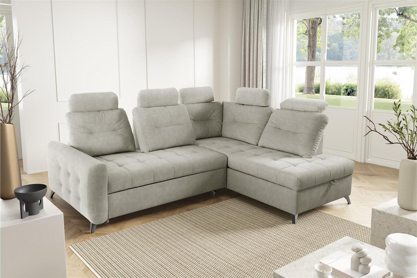 Fun-Möbel Slaapbank Wendie Hold Me, Beige Stoffen Hoekbank met Hocker, Rechts