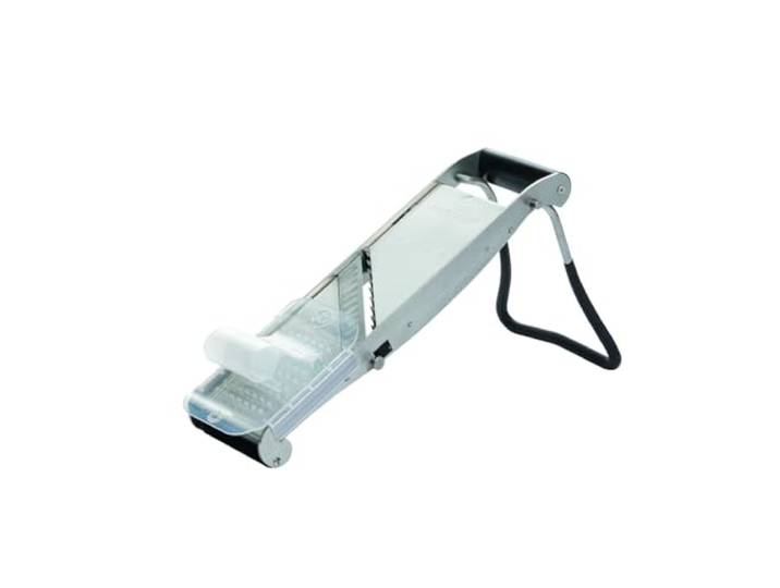 LOUIS TELLIER Professioneller Edelstahl-Gemüsehobel Compact-PRO mit Ergonomischem Schieber und Standfuß 2 Julienneeinsätze (4 & 10 mm) Made in France, Silber