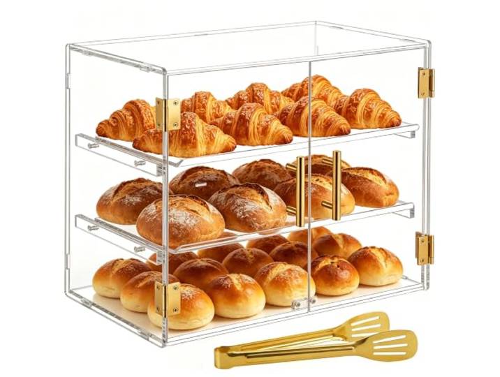 Acryvic 3-stufige Bäckerei-Vitrine mit elastischer Tür, Acryl Theken-Vitrine für Gewerbebetrieb, 48 x 27 x 39 cm Präsentationsbox für Cupcakes, Ideal für Cafés, Konditoreien & Bäckereien