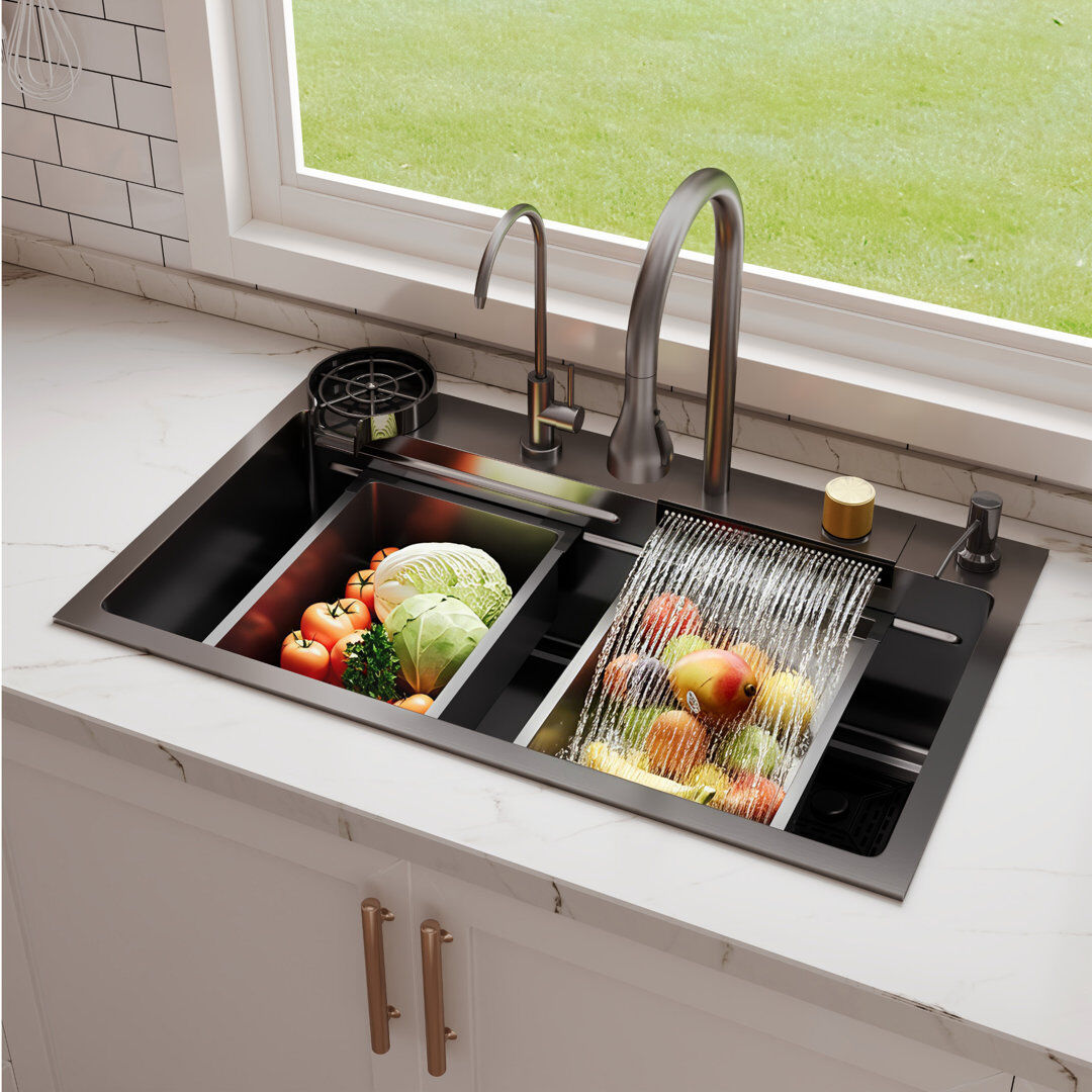 DeerValley 750 x 460 x 220mm Waterfall Single Bowl Stainless Steel Kitchen Sink with 2 Pull-Out Faucet Matte Black 750mm L