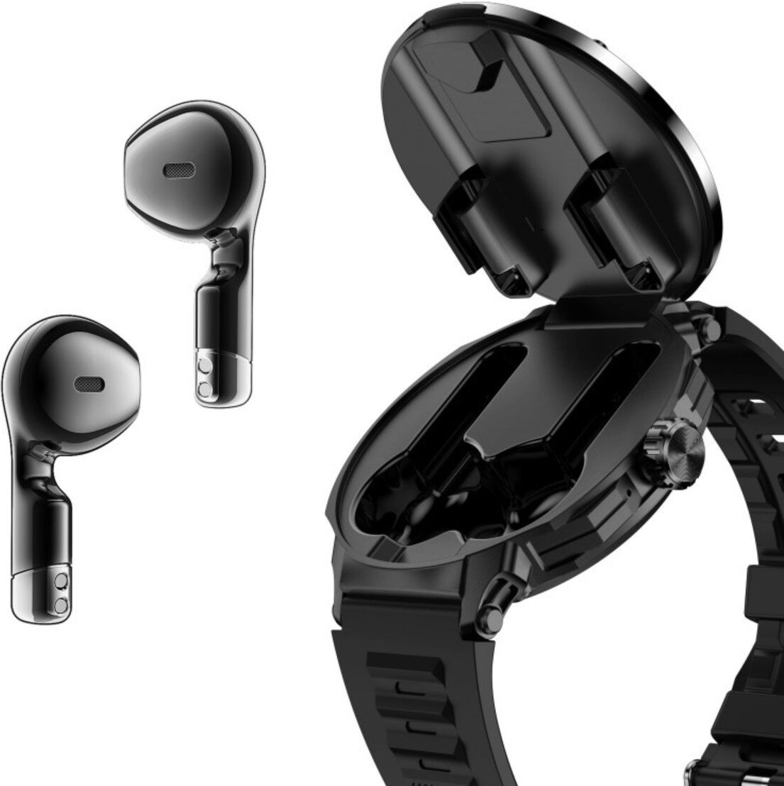 INF 2-in-1 TWS Smartwatch mit Earbuds — Bluetooth 5.3, NFC, Herzfrequenz & SpO2, 1.46 inch TFT, magnetische Ladetasche Schwarz