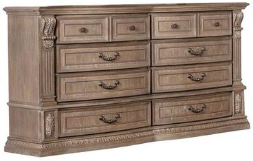 Benjara Reven 8 Drawer Wide Dresser, Weathered Oak Solid Wood, Carved Detailing