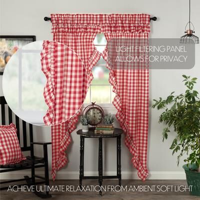 VHC Brands Annie Buffalo Check Ruffled Long Prairie Panel Set - Prairie Panel 84x36 - Prairie Panel 84x36