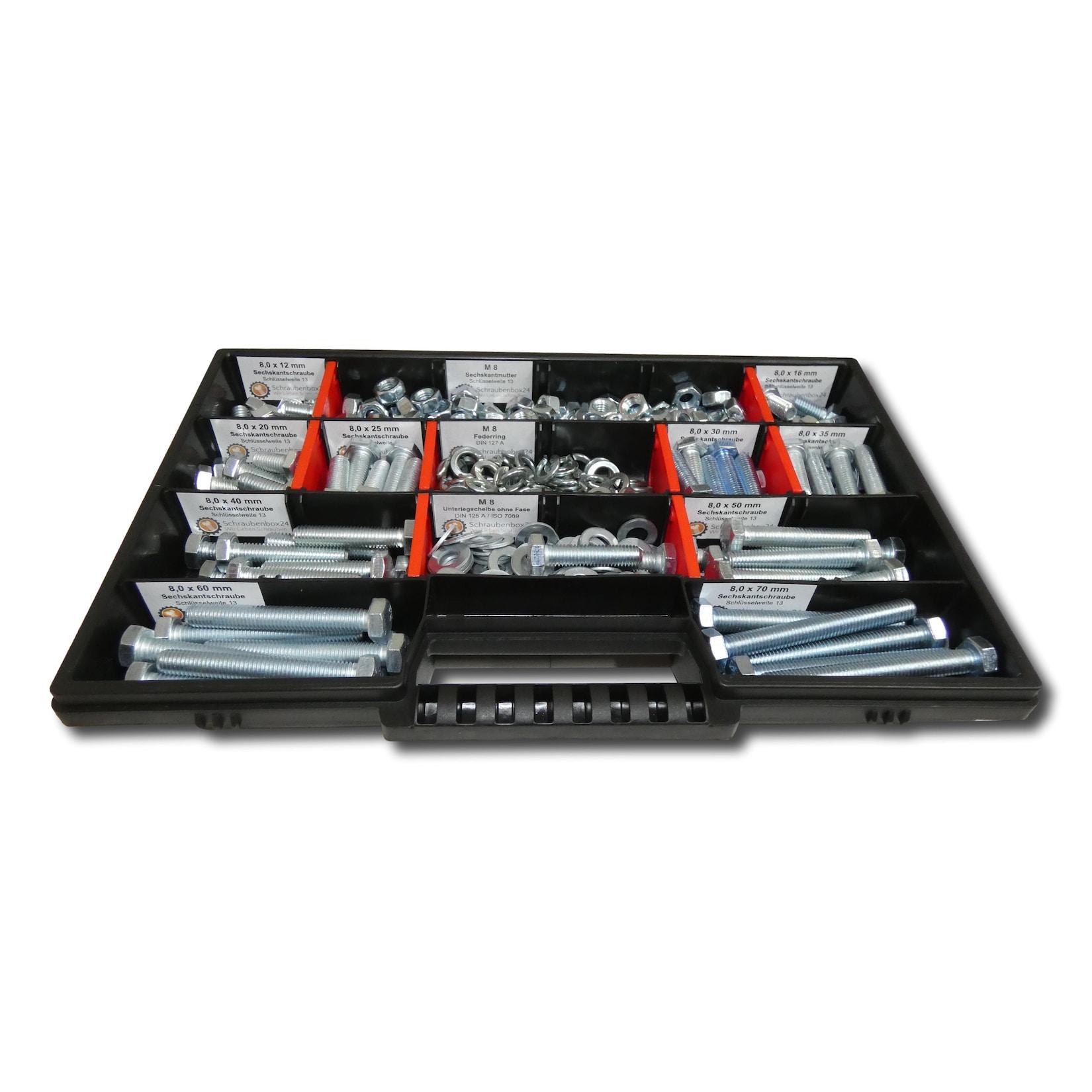 200 tlg Sechskantschrauben Sortiment mit Muttern Unterlegscheiben Federringen M10 // 12mm-70mm Schrauben Set