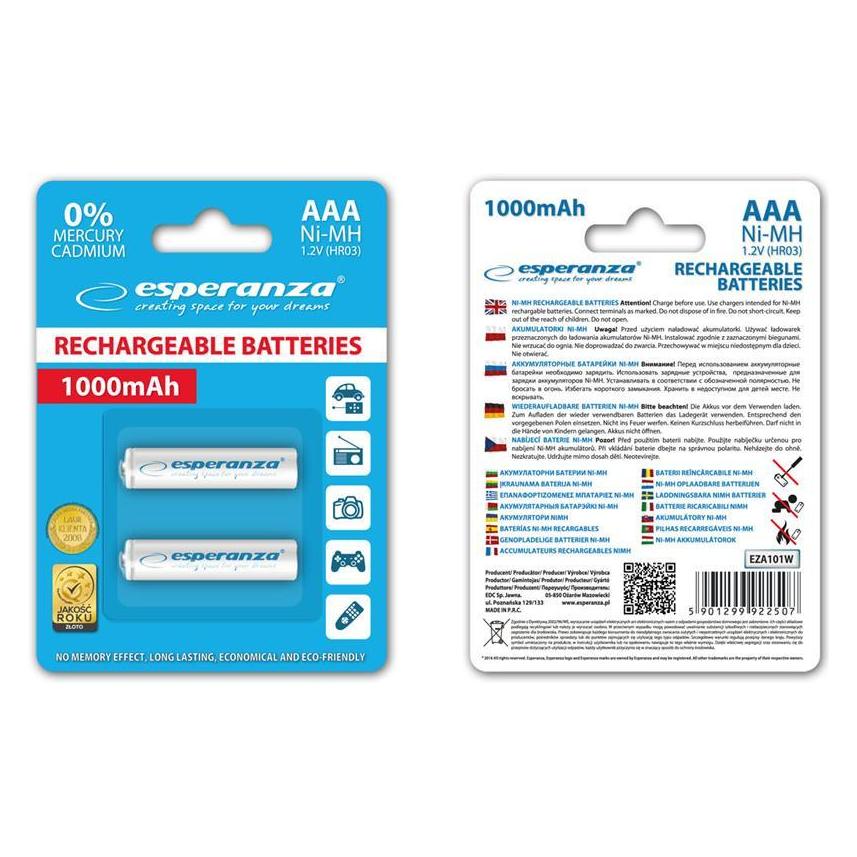 Esperanza EZA101W WIEDERAUFLADBARE BATTERIEN Ni-MH AAA 1000MAH 2PCS. - WEISS (2 Stk., AAA, 1000 mAh) (EZA101W)