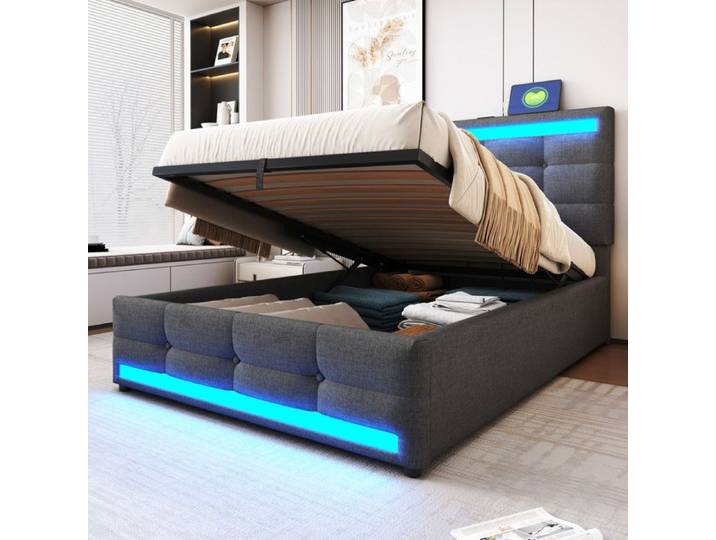 Piaenon - Lit coffre Lit enfant 90x200 cm Lit simple avec coffre hydraulique LED RGB USB et - Lin - Gris