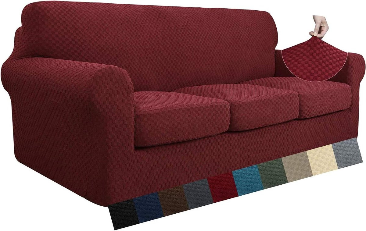 MAXIJIN Jacquard Bankhoes voor 4-zits bank, extra groot, stretch en antislip, wijnrood