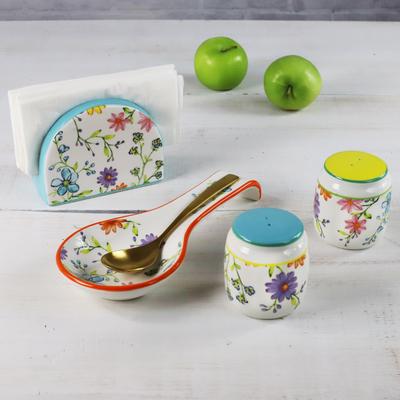 Euro Ceramica Charlotte Table Accessory Set - Spoon Rest / Napkin Holder / Salt & Pepper
