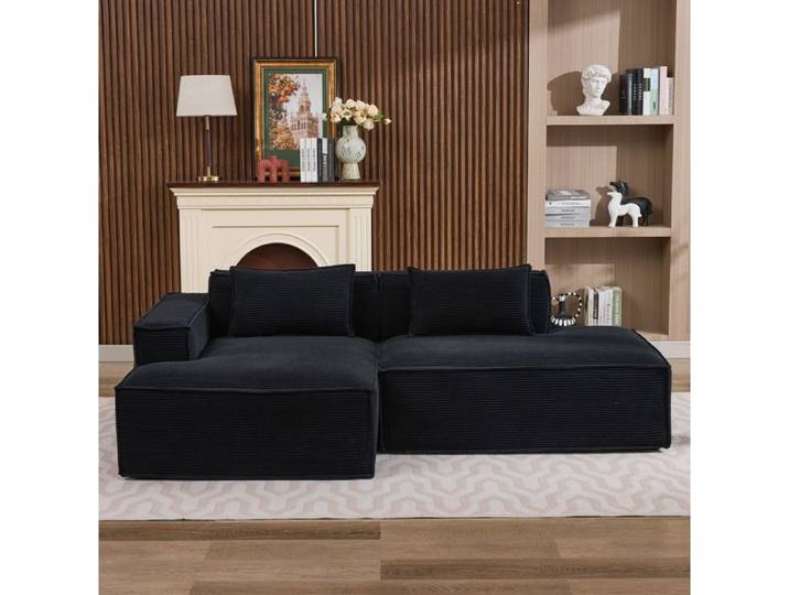 WOVREO canape d'angle fixe 235 cm noir en tissu polyester avec 2 coussins et ressorts ensaches