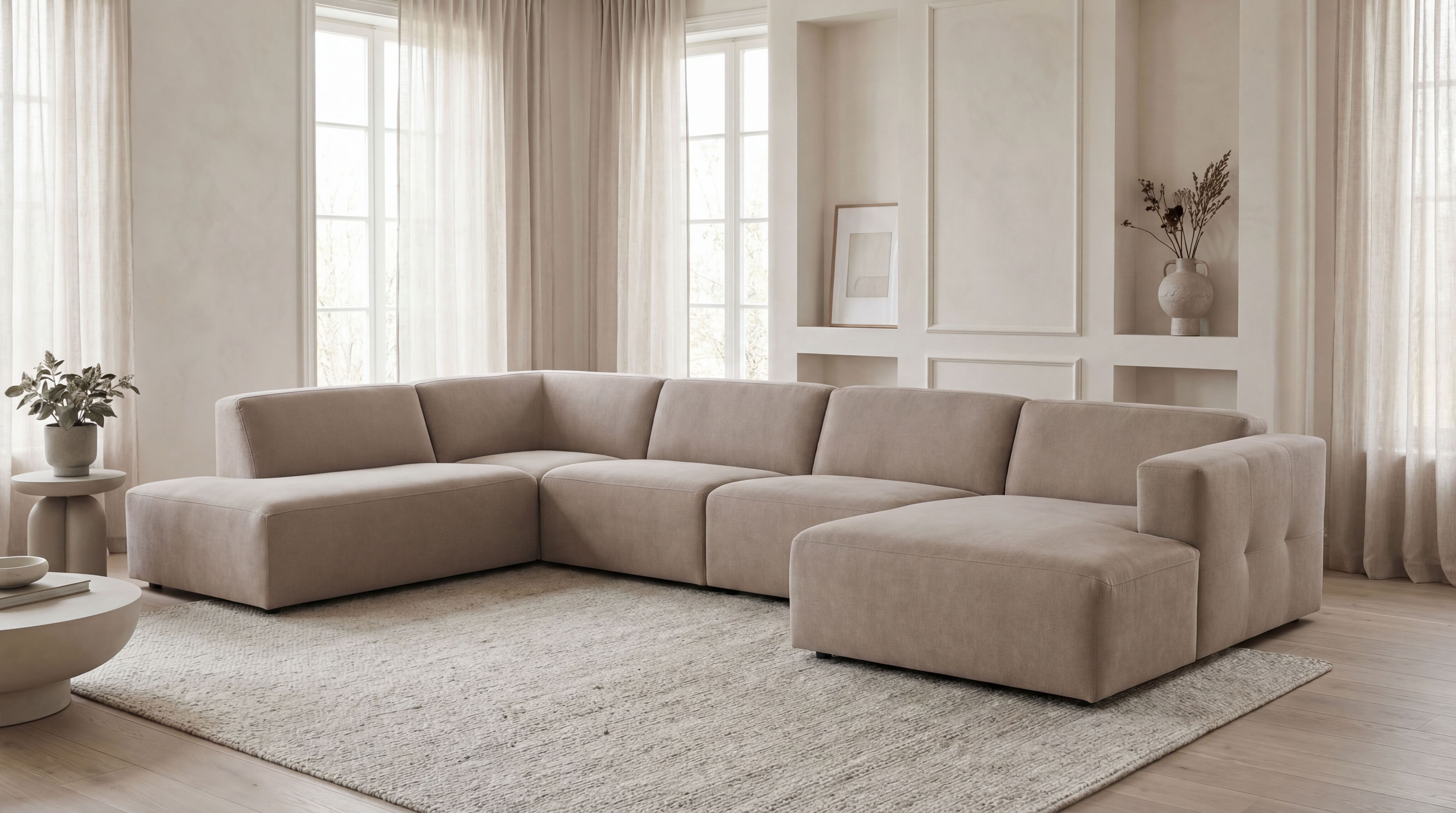 Wohnlandschaft GOODPRODUCT "Kelani", beige (cream), B:384cm H:73cm T:227cm, 100% Polyester, Sofas, Wohnlandschaft, mit dekorativer Knopfsteppung an den Armlehnen cream B/H/T: 384cm x 73cm x 227cm, Webstoff fein, Ottomane links