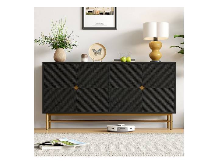 OKWISH Sideboard Modernes Küchenschrank,Anrichte (Sideboard Hochglanz 160 cm mit Goldgriffen & Soft-Close – Viel Stauraum & Strukturfront, 1 St)
