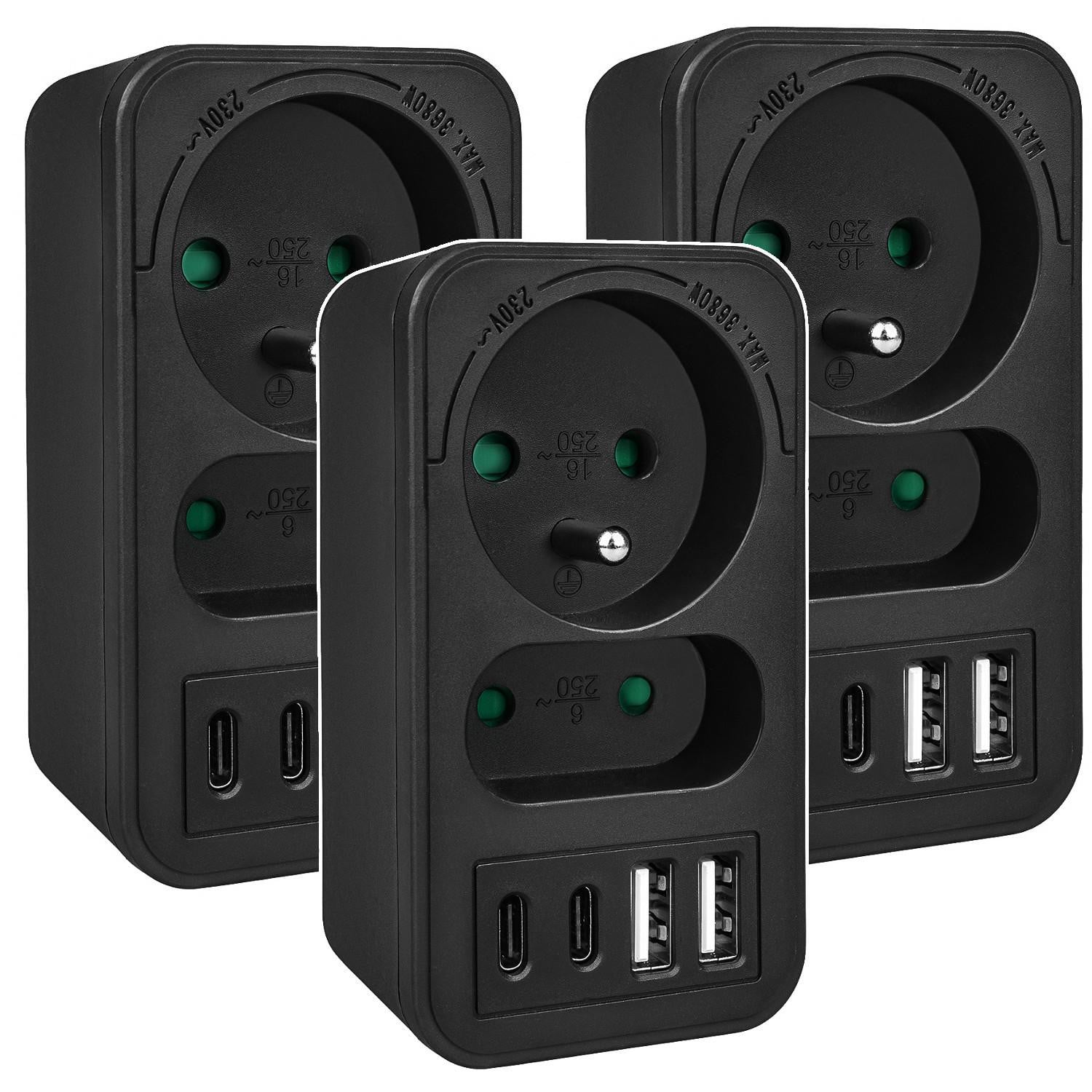 Maclean MCE249 Stopcontactdoos met 2 stopcontacten en 4 USB-splitters (2x USB-A, 2x USB-C PD 20W) - Set van 3 stuks