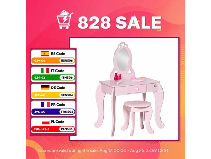 HOMCOM Coiffeuse Enfant Design Girly avec Motifs à Coeur - Tabouret Inclus - dim. 60L x 36l x 88H cm - tiroir, Miroir - MDF - Ro